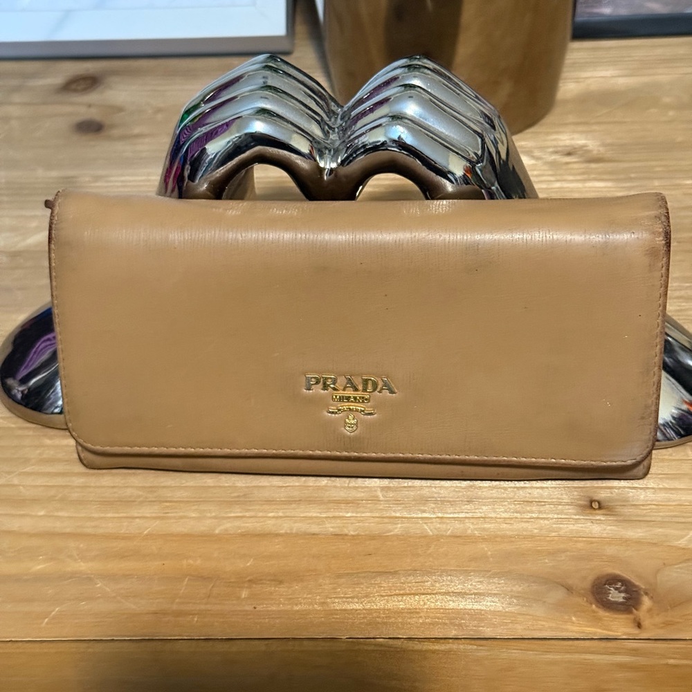 Prada Brown Leather Long Wallet with Gold Logo, read description
